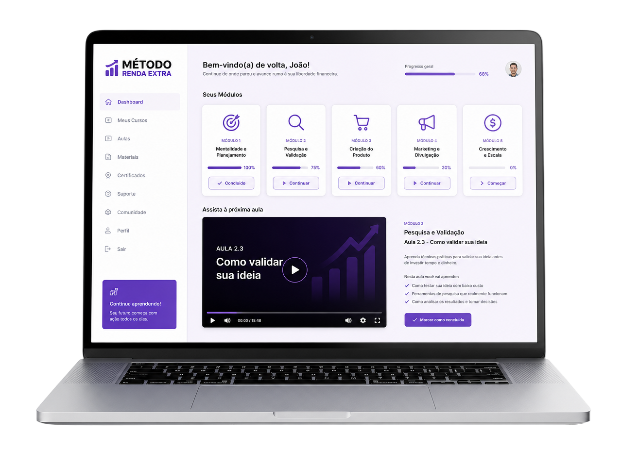 Notebook exibindo a plataforma do Método Renda Extra com os módulos e uma aula em vídeo